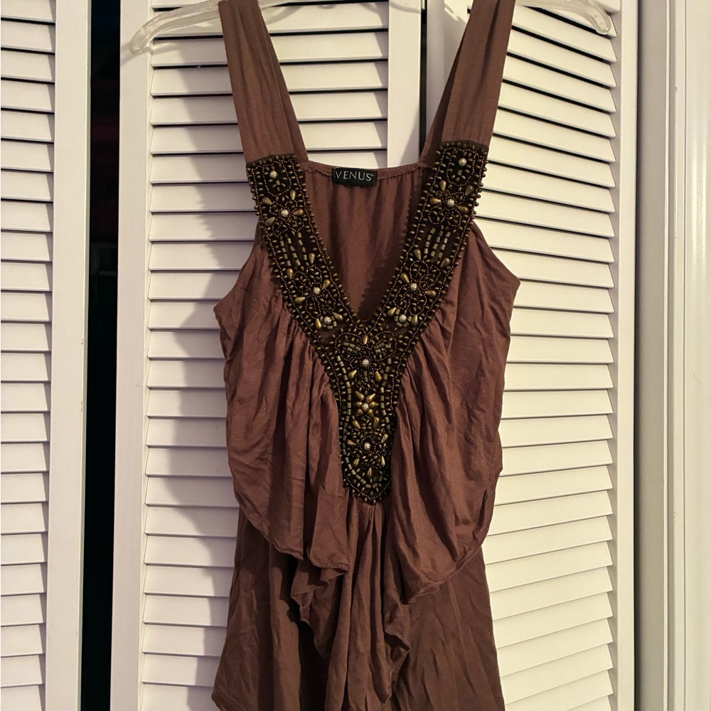 VENUS Chocolate Beaded V-Neck Top size Medium